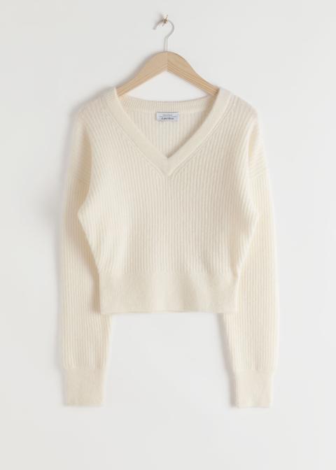 Ribbed V-neck Wool Blend Sweater