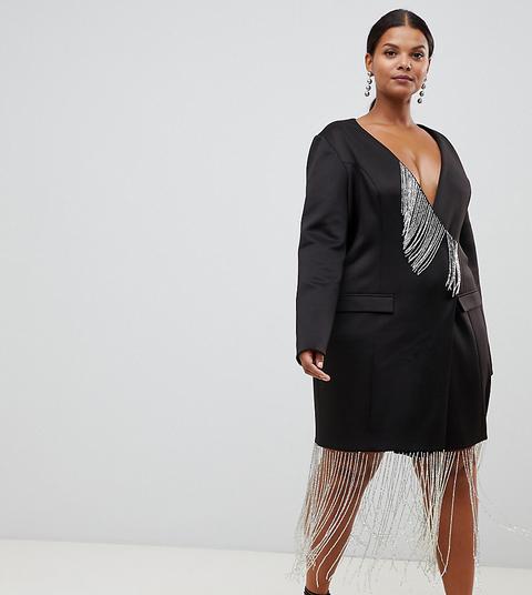 Asos Design Curve - Robe Droite Style Smoking Courte Avec Franges Ornées De Strass - Noir