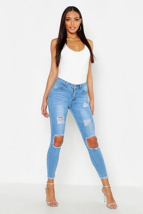 Womens High Waisted Distressed Skinny Jeans - Blue - 14, Blue