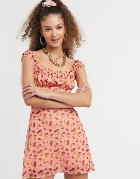 New Girl Order Mini Tea Dress With Ruffle Bust In Cherry Print-pink