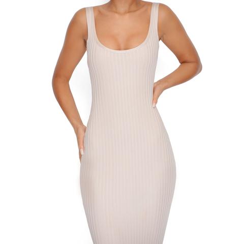 Wait A Midi Scoop Neck Ribbed Bandage Dress In Stone