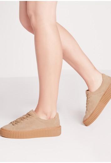 Lace Up Flatform Trainers Beige