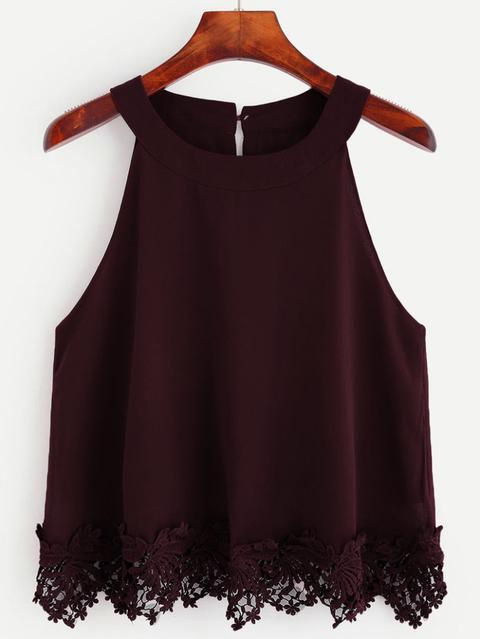 Burgundy Crochet Trim Chiffon Halter Neck Top