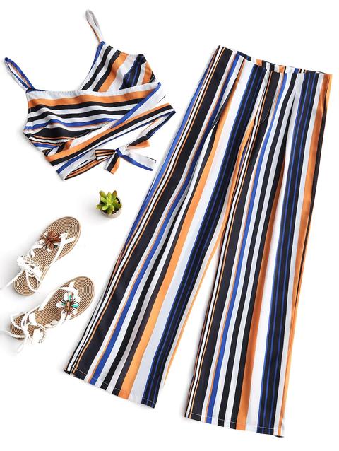 Stripes Cross Over Top And Wide Leg Pants Set