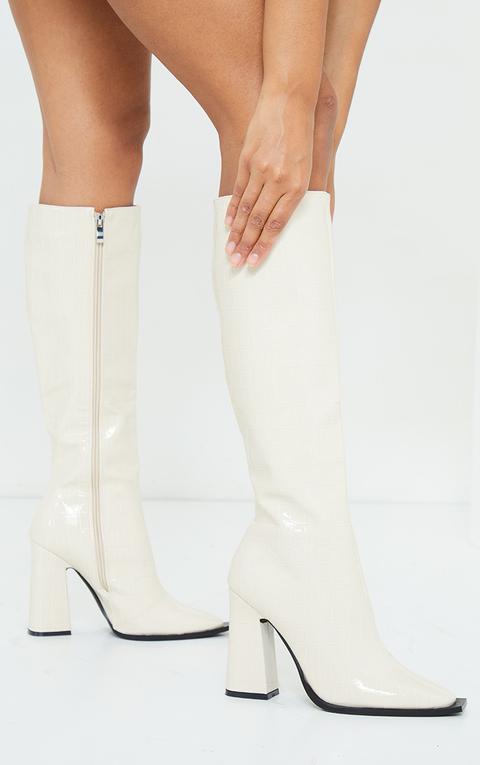 White Croc High Block Heel Toe Edge Knee Boot