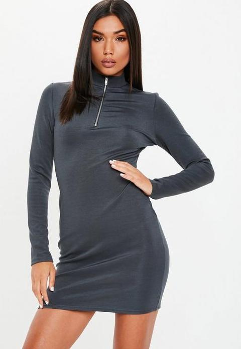 Grey Bandage Zip Up Bodycon Mini Dress, Silver