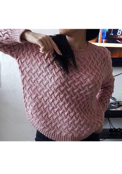 Pink Plain Irregular Round Neck Long Sleeve Pullover Sweater