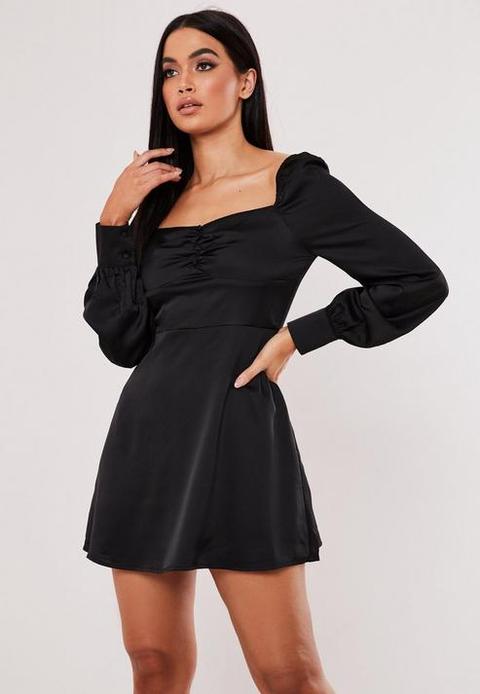 Black Satin Milkmaid Skater Dress, Black