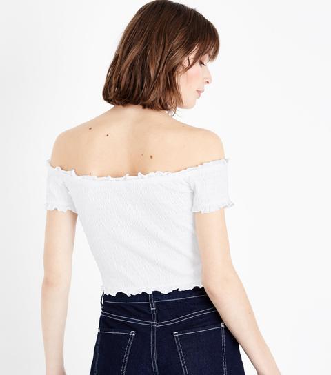 White Shirred Bardot Neck Crop Top New Look