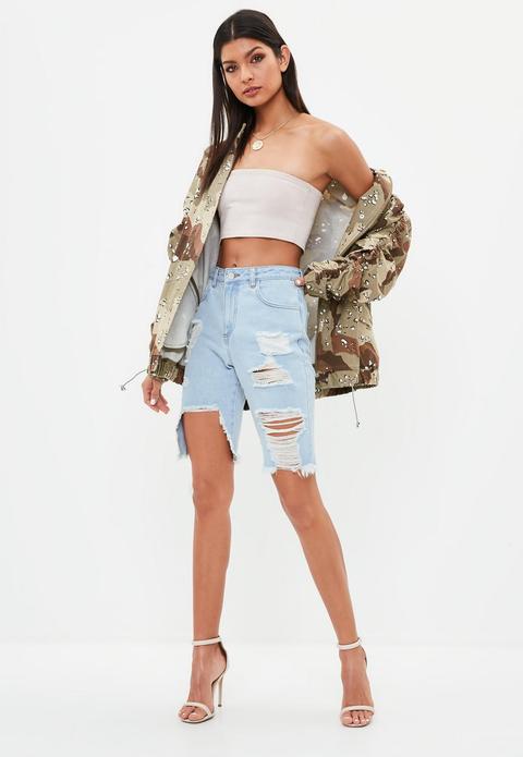 Blue Boyfriend Distressed Hem Denim Shorts, Blue