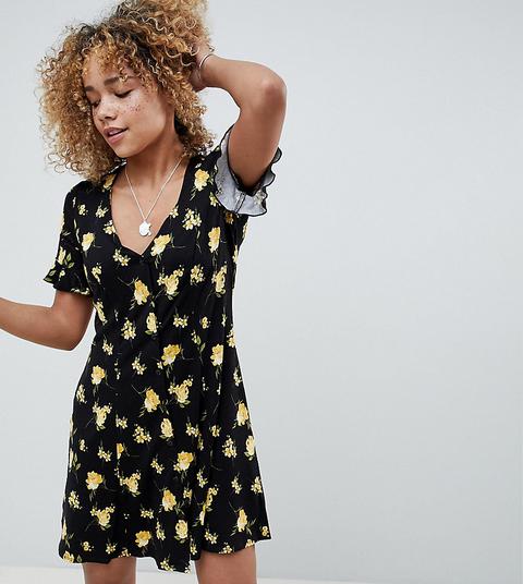 Asos Design Petite Button Through Tea Dress With Frill Sleeve In Marigold Print - Multi