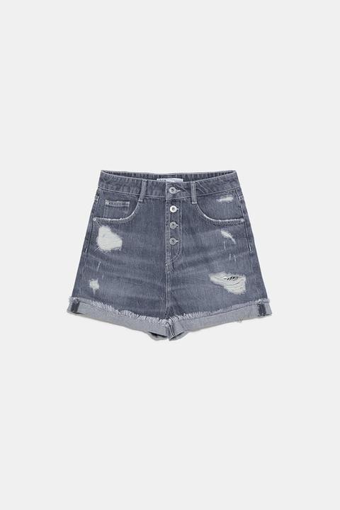Shorts Denim Con Strappi E Orlo Con Risvolto
