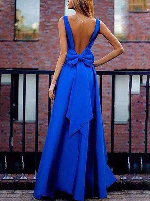 Sexy Bowtie Open Back Maxi Evening Dress - Blue