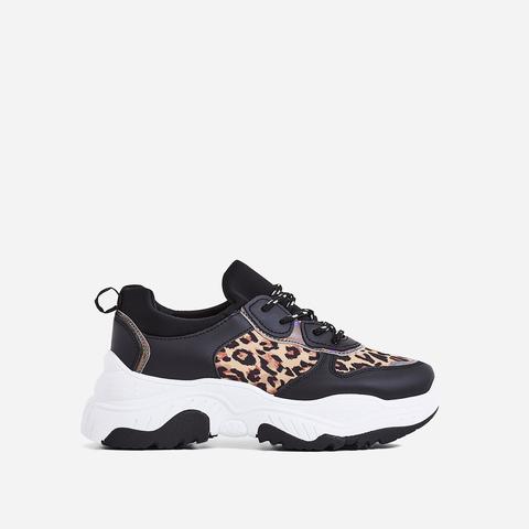 Alessio Chunky Sole Trainer In Black And Tan Leopard, Black