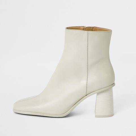 Dark White Leather Platform Wood Heel Boots