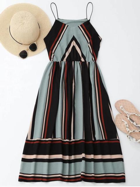 Mini Vestido De Sol De Multi-rayas Con Tirantes Finos Light Blue Stripe Green Wine Red