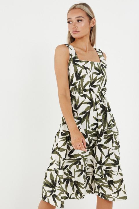 Khaki Tropical Print Midi Dress