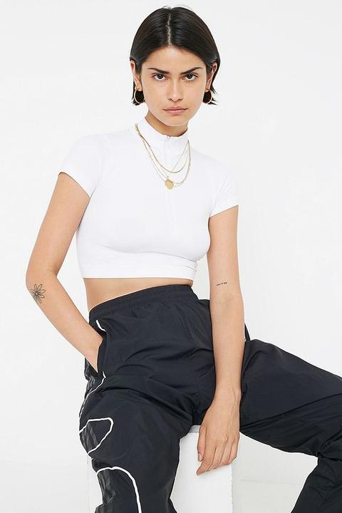 Uo Baby Rib Half-zip Funnel Neck Top - White L At Urban Outfitters