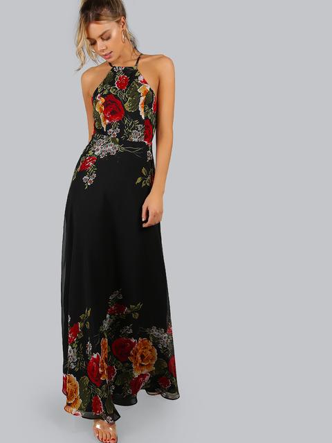 Vestido Cuello Halter Espalda Abierta Con Estampado De Flor - Negro