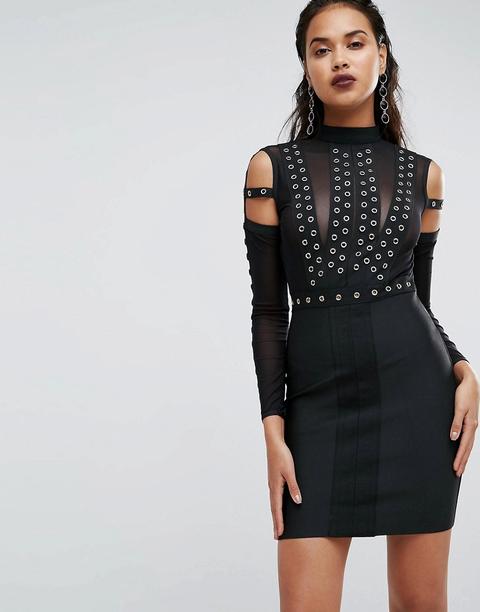Boohoo - Premium - Vestito Con Occhielli E Spalle Scoperte - Nero