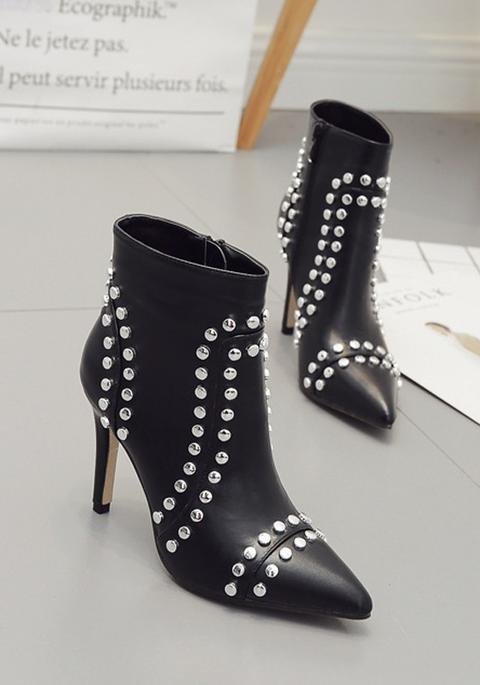 Black Point Toe Stiletto Rivet Fashion Ankle Boots