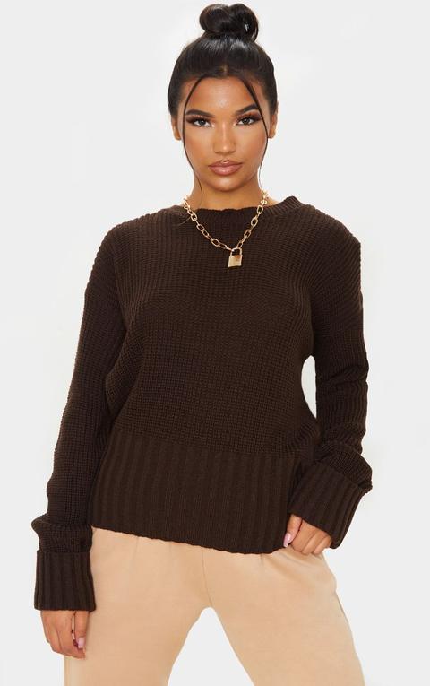 Brown Ribbed Hem Knitted Jumper