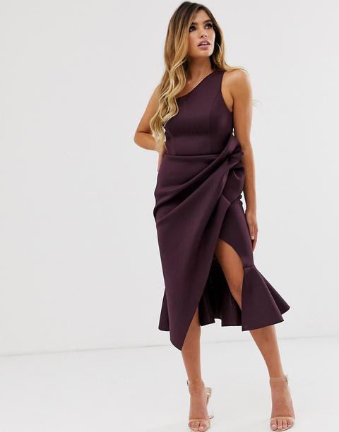 Vestido Midi Con Escote Asimétrico Y Detalle De Pliegues De Asos Design-violeta