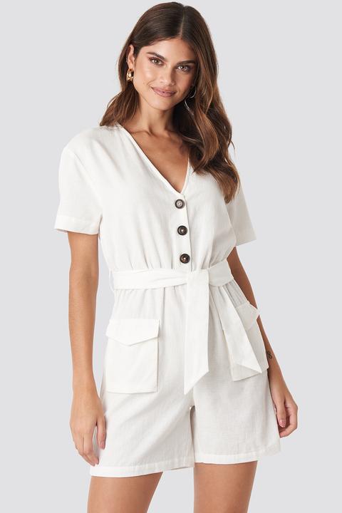 Belted Linen Look Playsuit Weiß