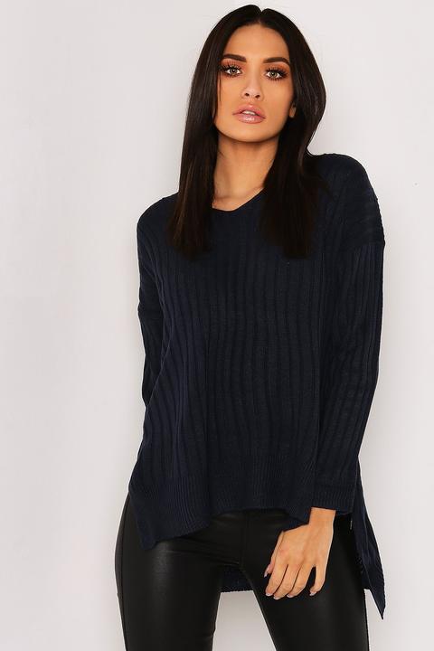 Navy V Neck Side Split Jumper