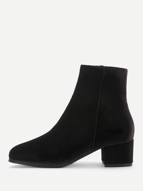 Side Zipper Velvet Block Heeled Ankle Boots