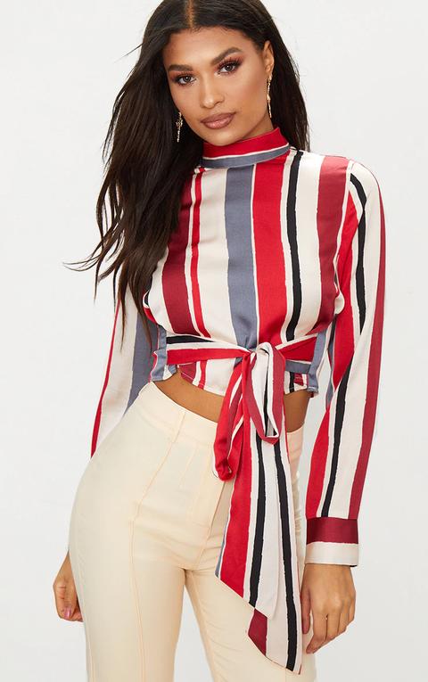 Red Satin Multi Stripe High Neck Blouse, Red