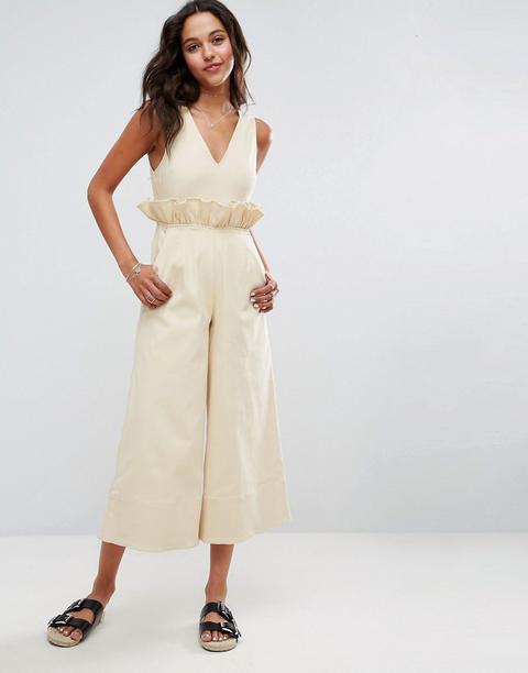 Asos - Tuta Lunga In Twill Con Volant In Vita - Beige