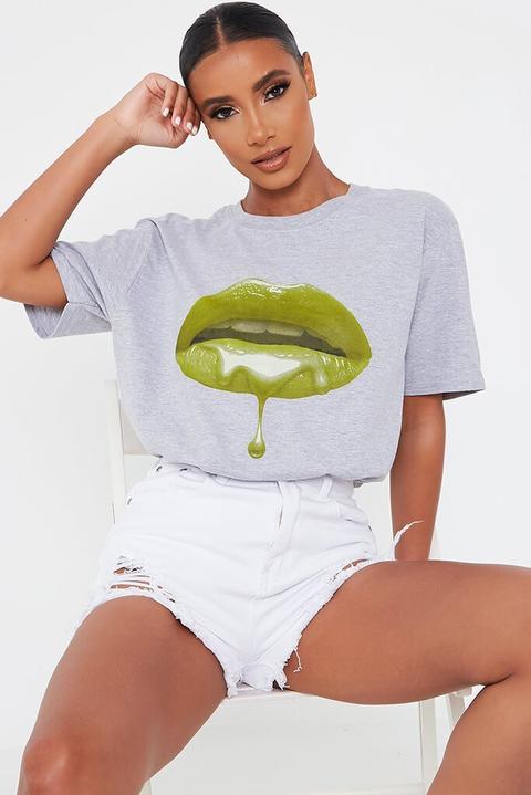 Grey Marl Neon Lips Oversized T, Grey