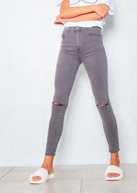 Fran Washed Grey Ripped Knee High Waist Skinny Jeans