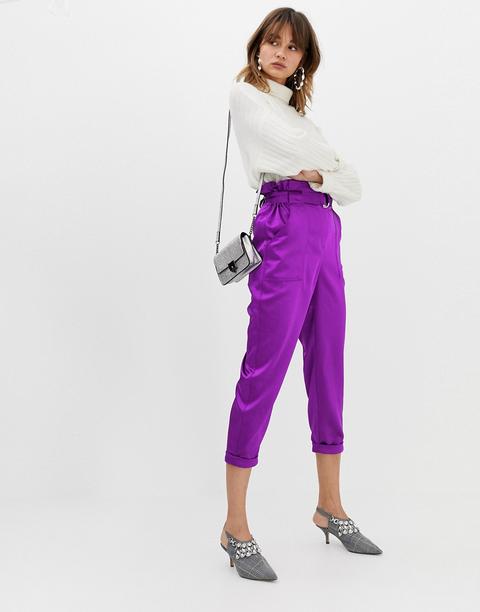 River Island - Pantaloni Stretti In Fondo Viola Con Vita Raccolta Con Cintura - Viola