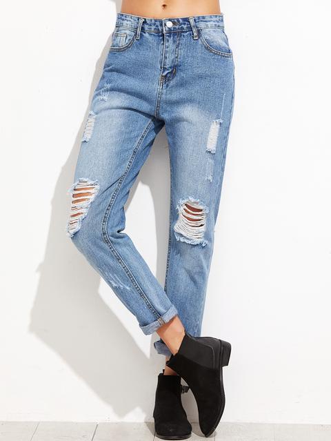 Blue Ripped Cuffed Jeans