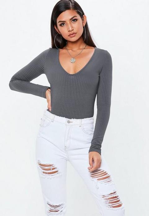 Grey V Neck Ribbed Long Sleeve Bodysuit, Grey