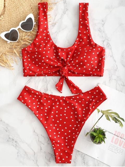 Juego De Bikini Heart Keyhole Knot Fire Engine Red