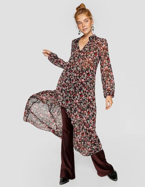 Casacca Lunga A Fiori Nero
