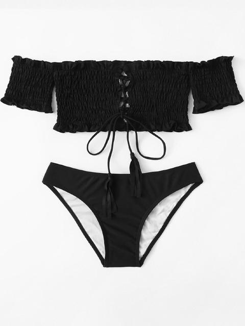 Plain Allacciatura Bikinis Nero Costume Da Bagno