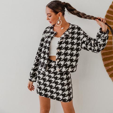 Button Front Houndstooth Tweed Top & Skirt Set