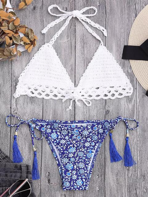 Bikini All'uncinetto Stampato Fiori Piccoli Con Stringa