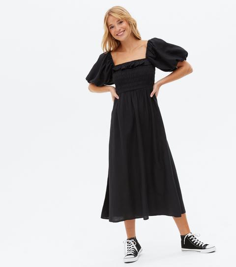 Black Linen-look Frill Shirred Midi Dress New Look