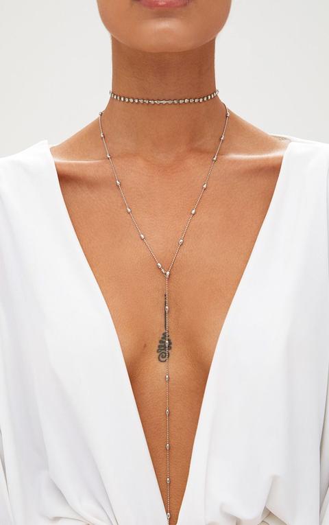 Silver Diamante Choker And Bead Drop Necklace