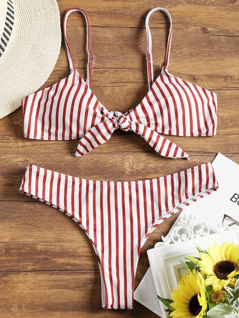 Bikini Imbottito A Righe Con Nodo Anteriore Black Red With White