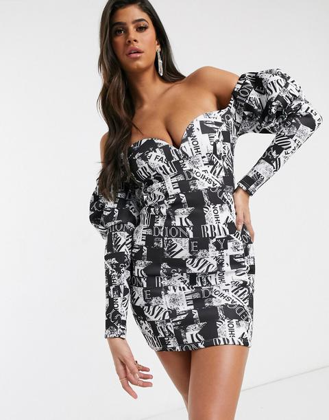 Asos Design Newspaper Printed Puff Long Sleeve Mini Dress-multi