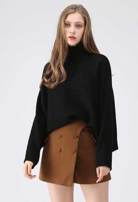 Soft Parade Ribbed Batwing Sleeves Sweater In Black