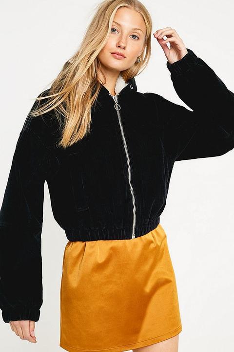 Uo Black Corduroy + Borg Hooded Crop Jacket