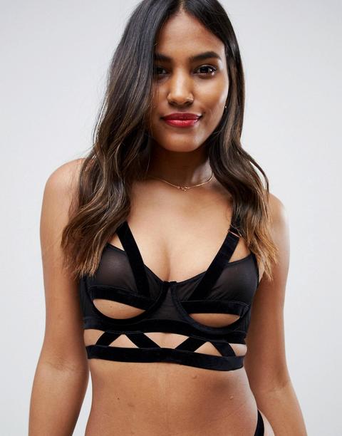 Asos Design Penelope Velvet & Mesh Cut Out Underwire Bra-black