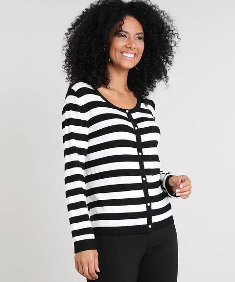 Cardigan Feminino Em Tricô Listrado Off White